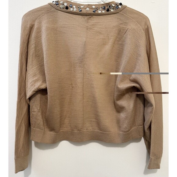 Crémieux Embellished Open Front Cropped Cardigan L Tan Wool Blend Rhinestones - Picture 6 of 10
